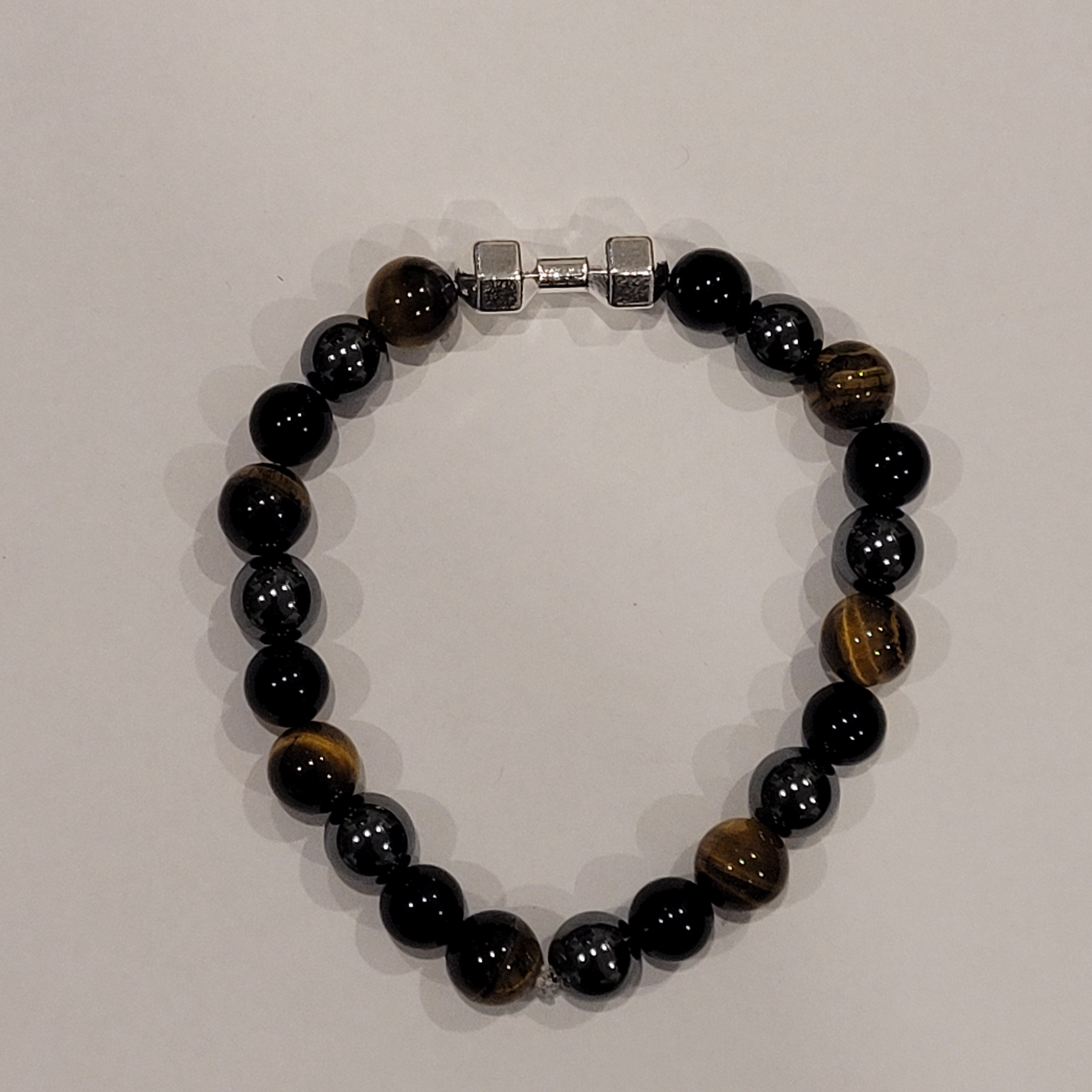 Natural Stone (Tiger Eye,Black Obsidian & Hematite Beads with Silver Dumbell Bracelet